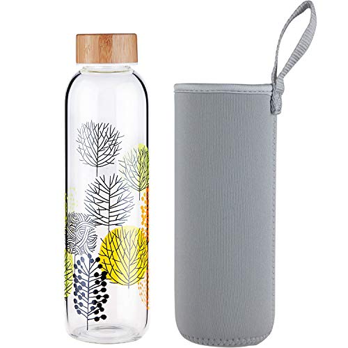 FCSDETAIL Botella de Agua de Cristal sin BPA, Botella de Agua de Vidrio de Borosilicato con Funda de Neopreno y Tapa de Bambú 420ml / 660ml / 1000ml