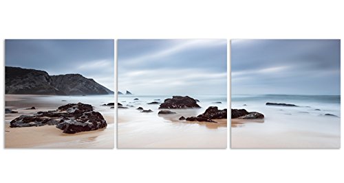 Feeby Frames, Cuadro en Lienzo 3 partes Panorámico Cuadro impresión Cuadro decoración Canvas 120x40 cm Rocas Agua Mar Paisaje Vista Azul Negro