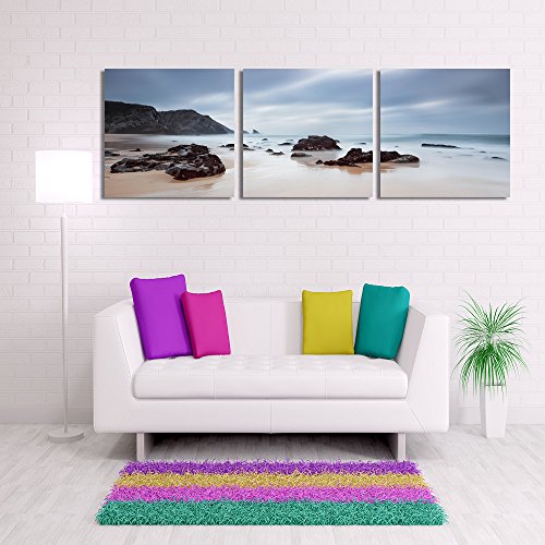 Feeby Frames, Cuadro en Lienzo 3 partes Panorámico Cuadro impresión Cuadro decoración Canvas 120x40 cm Rocas Agua Mar Paisaje Vista Azul Negro