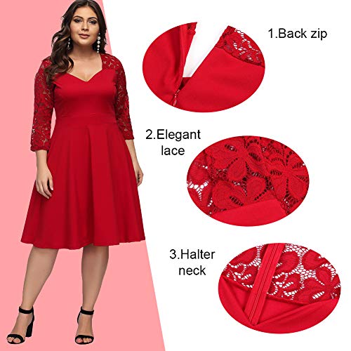 FeelinGirl Mujer Vestido de Noche Encaje Largo Traje Talla Extra Grande Cóctel de Manga Media Cuello V Cintura Alta Rojo XXL/Talla 48-50