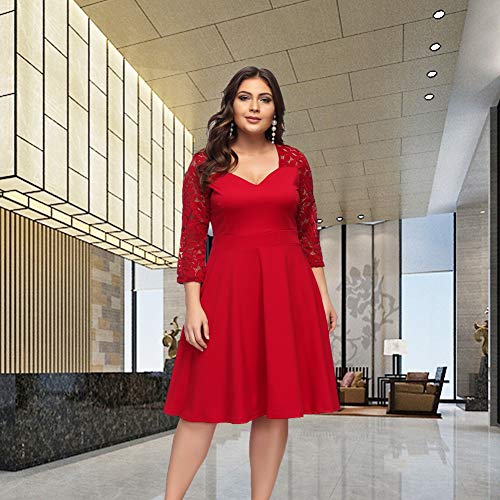 FeelinGirl Mujer Vestido de Noche Encaje Largo Traje Talla Extra Grande Cóctel de Manga Media Cuello V Cintura Alta Rojo XXL/Talla 48-50