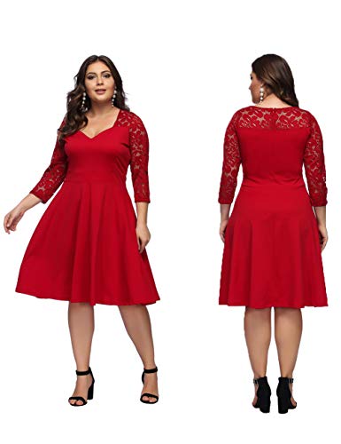 FeelinGirl Mujer Vestido de Noche Encaje Largo Traje Talla Extra Grande Cóctel de Manga Media Cuello V Cintura Alta Rojo XXL/Talla 48-50