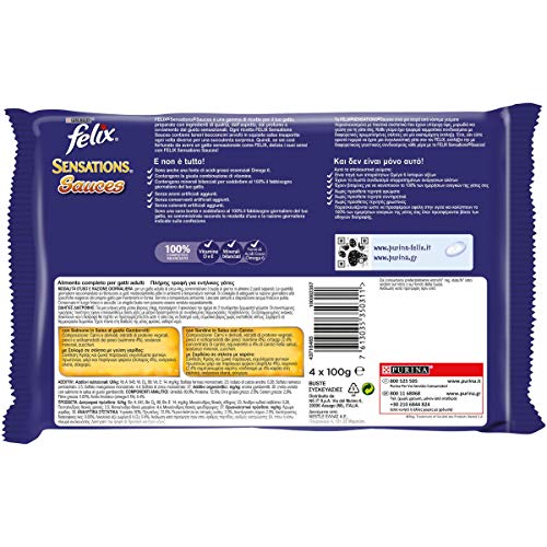 Felix Sensations Sauces Comida para el Gato, con salmón en Salsa al Gusto gamberetti y con sardinas en Salsa con Zanahoria, 4 x 100 g – Paquete de 10 Unidades