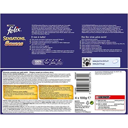 Felix Sensations Sauces Comida para el Gato, con salmón en Salsa al Gusto gamberetti y con sardinas en Salsa con Zanahoria, 4 x 100 g – Paquete de 10 Unidades