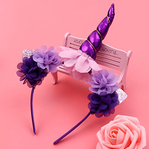 FENICAL Disfraz de Unicornio para Niñas Diadema Unicornio Floral con Oreja y Falda Tutú de Arco Iris Disfraz para Fiesta Púrpura Tamaño S