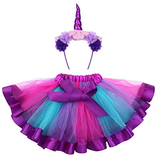 FENICAL Disfraz de Unicornio para Niñas Diadema Unicornio Floral con Oreja y Falda Tutú de Arco Iris Disfraz para Fiesta Púrpura Tamaño S