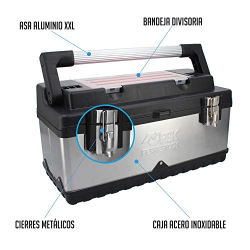 Ferrestock FSKCHM020 Caja de herramientas de acero inoxidable de 50cm x 23cm x 25cm, Caja resistente con cierres metálicos, asa de aluminio con bandeja y cajas interiores divisorias.