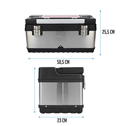 Ferrestock FSKCHM020 Caja de herramientas de acero inoxidable de 50cm x 23cm x 25cm, Caja resistente con cierres metálicos, asa de aluminio con bandeja y cajas interiores divisorias.