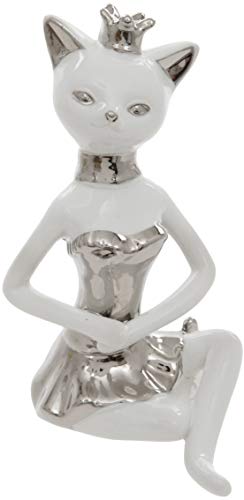 Figura de gato de bailarina sentada de cerámica blanca y plateada