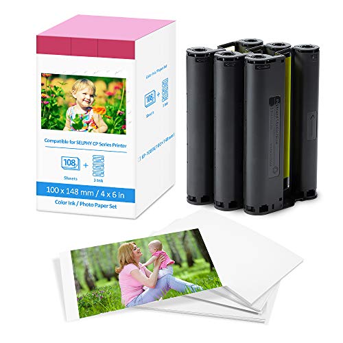 Fimax - Papel fotográfico y cartucho de repuesto para Canon Selphy CP1300 CP1200 CP910, 7737A001 / KP-108IP, 3 cartucho de tinta de color y 108 hojas de papel de impresora (100 x 148 mm)