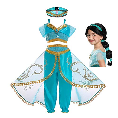 FINDPITAYA Disfraz Aladin Niña Vestido de Princesa Jasmine Cosplay Costume con Peluca (4-5 años)