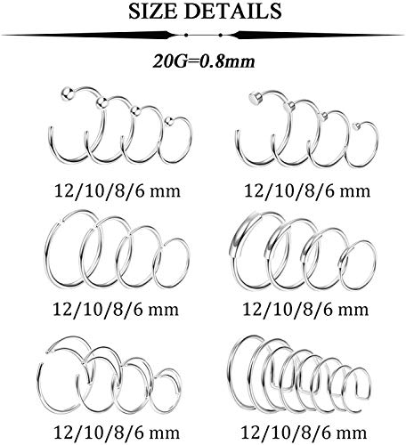 Finrezio 48 Piezas 20g Anillos De Nariz De Acero Quirúrgico Aro Pendientes De Cartílago con Tachuelas Joyería Piercing del Cuerpo 1.5mm 2mm 2.5mm 3mm CZ Plata Aros De 6mm a 12mm