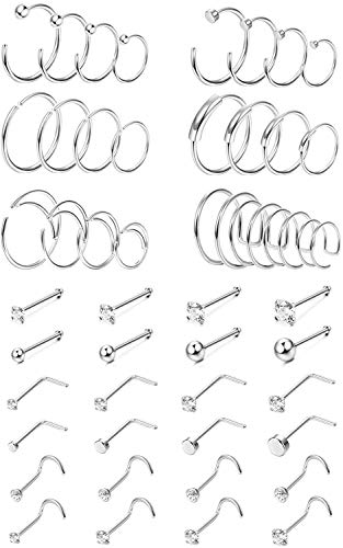 Finrezio 48 Piezas 20g Anillos De Nariz De Acero Quirúrgico Aro Pendientes De Cartílago con Tachuelas Joyería Piercing del Cuerpo 1.5mm 2mm 2.5mm 3mm CZ Plata Aros De 6mm a 12mm