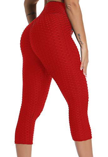 FITTOO Mallas 3/4 Leggings Capris Mujer Pantalones Yoga Alta Cintura Elásticos Super Suave #1 Rojo M