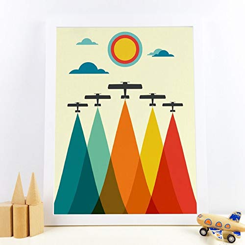 Flduod Impresión de Lienzo Impresión de Aviones Vintage de Mediados de Siglo Regalo para niños Colorido Arco Iris Aviones de Viaje póster Lienzo Pintura niños Pared de habitación Decoración