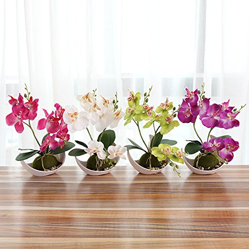 Flikool 3 Ramas Orquídeas Artificiales con Maceta in Plástico Bonsai de Phalaenopsis Flores Artificial Plantas Artificiales de Flor Mariposa para Hogar Balcón Partido Oficina Decoración - Blanco