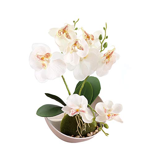 Flikool 3 Ramas Orquídeas Artificiales con Maceta in Plástico Bonsai de Phalaenopsis Flores Artificial Plantas Artificiales de Flor Mariposa para Hogar Balcón Partido Oficina Decoración - Blanco