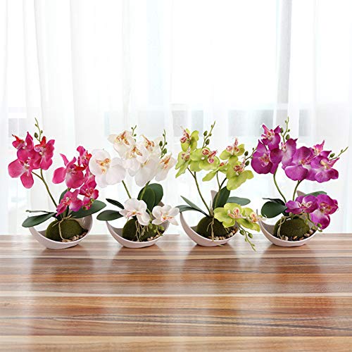 Flikool 3 Ramas Orquídeas Artificiales con Maceta in Plástico Bonsai de Phalaenopsis Flores Artificial Plantas Artificiales de Flor Mariposa para Hogar Balcón Partido Oficina Decoración - Blanco