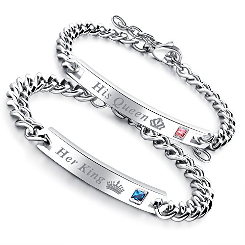 Flongo Pulseras para Parejas, His Queen y Her King, Acero Inoxidable Pulseras de Amor, Color Plata Plateado, Los Enamorados Regalo para San Valentín/Navidad, Un par