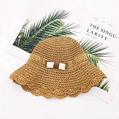 Flor Sombrero De Paja Tejido a Mano Sombrero De Verano para Niños Arco Protector Solar De ala Corta Sombrero para El Sol S: 48-50cm /Flores Beige