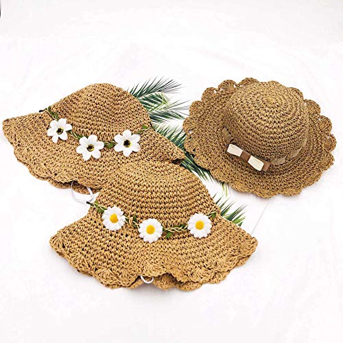 Flor Sombrero De Paja Tejido a Mano Sombrero De Verano para Niños Arco Protector Solar De ala Corta Sombrero para El Sol S: 48-50cm /Flores Beige