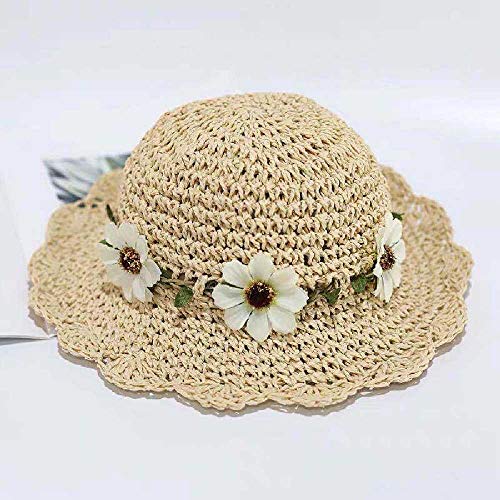 Flor Sombrero De Paja Tejido a Mano Sombrero De Verano para Niños Arco Protector Solar De ala Corta Sombrero para El Sol S: 48-50cm /Flores Beige