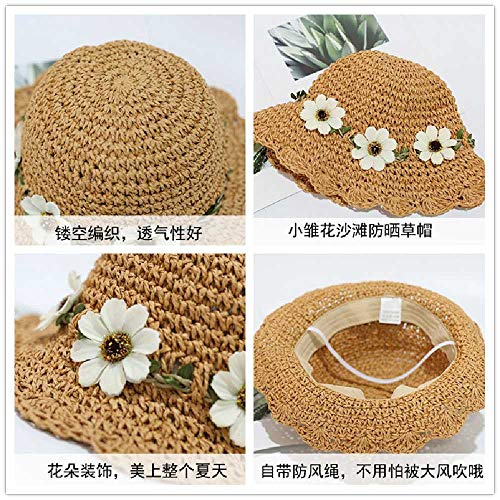 Flor Sombrero De Paja Tejido a Mano Sombrero De Verano para Niños Arco Protector Solar De ala Corta Sombrero para El Sol S: 48-50cm /Flores Beige