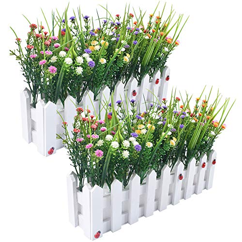 Flores artificiales Baby's Breath Gypsophila en Picket Fence Pot Pack para la decoración del banquete de boda DIY Home, juego de 2