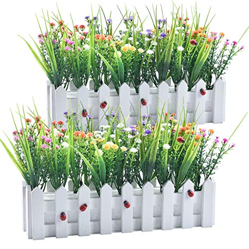 Flores artificiales Baby's Breath Gypsophila en Picket Fence Pot Pack para la decoración del banquete de boda DIY Home, juego de 2