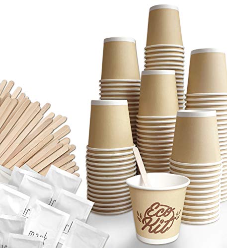 FMC Solution Eco - Kit de accesorios de café y té – 150 azúcares en bolsitas, 150 palas de madera, 150 vasos de papel