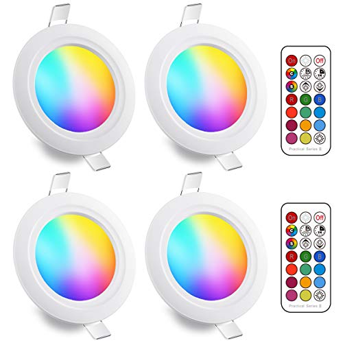 Foco Empotrable LED 8W (equivalente a 60W), Colores RGBW Cambio de Color 2700K Blanco Cálido Downlight Plafón Luz de Techo RGB Regulable casquillo fino mando Incluido Plano Redondo (4 unidades)