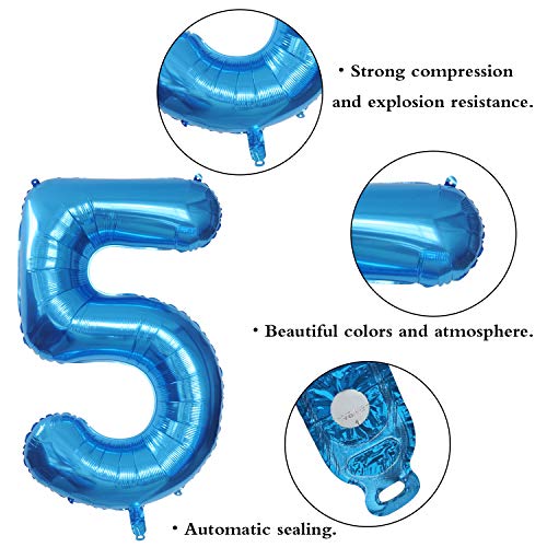 Foil Globos Numeros Gigantes 5 Azul 101 CM Globos de Cumpleãnos 5 Grande Globos Número 5 para Decoraciones Cumpleãnos Fiestas Boda Aniversario Hinchable (5)