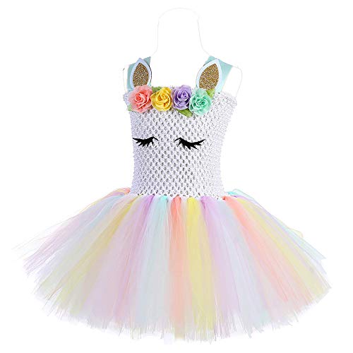 FONLAM Vestido de Bautizo Fiesta Niña Disfraz de Unicornio Princesa Tutú Vestido Infantil Flores Carnaval Niña (L 5-6 Años, Blanco)