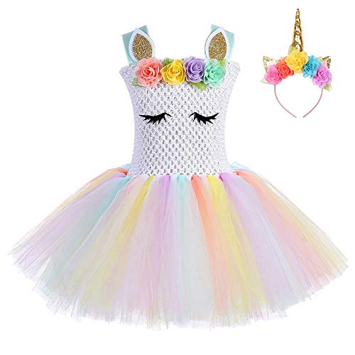 FONLAM Vestido de Bautizo Fiesta Niña Disfraz de Unicornio Princesa Tutú Vestido Infantil Flores Carnaval Niña (L 5-6 Años, Blanco)