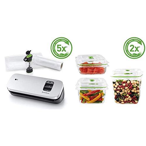 FoodSaver VS1190X - Envasadora al vacío de alimentos compacta con accesorio sellador manual + FFC020X Recipientes para Envasar al Vacío “Fresh Containers”, 700 ml, 1,2L y 1,8L, Set de 3 Contenedores