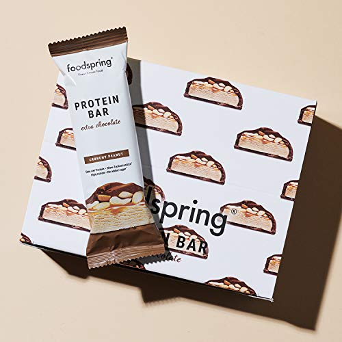 foodspring Barritas De Proteína Extra Choco, Crunchy Peanut, 12 x 65g, una auténtica chocolatina con 90% menos de azúcares