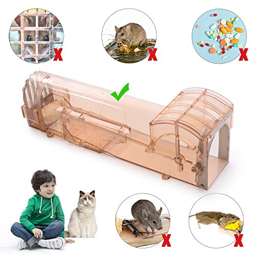 FORMIZON 2Pcs Trampa para Ratas, Reutilizable, Transpirable y Transparente Humanitario y Grande Ratas Ratonera de Plástico Reutilizable para Ratas del Hogar, Ático, Garaje, Cocina, Jardín (Marrón)