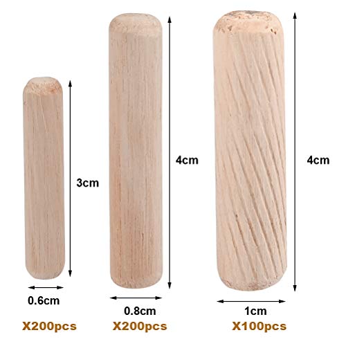 FOROREH juego de tacos de madera, taco largo de madera, taco de haya para muebles, madera, φ6 * 30 mm, 200 piezas / φ8 * 40 mm 200 piezas / φ10 * 40 mm 100 piezas