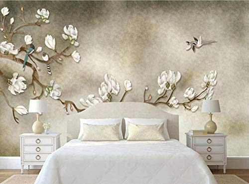 Fotomurales 3D 250x175 cm Magnolia Flor Pájaro Ilustración Vintage Papel pintado no tejido Decoración de Pared decorativos Murales