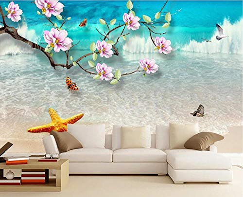 Fotomurales 3D 250x175 cm Paisaje Marino Magnolia Estrella De Mar Playa Papel pintado no tejido Decoración de Pared decorativos Murales