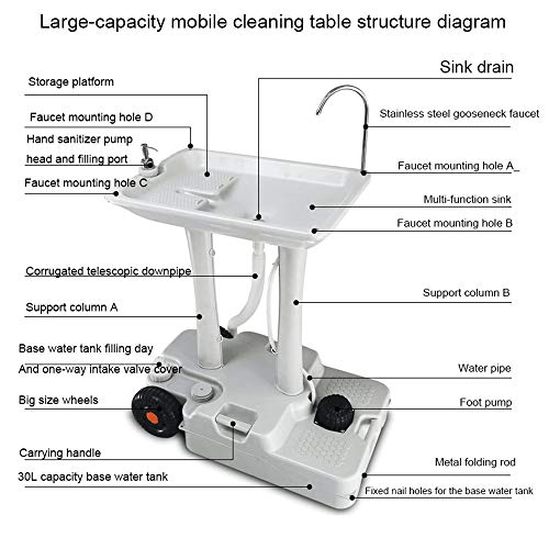Fregadero portátil para acampar, Con toallero y dispensador de jabón. Estación de lavado de manos de 30 litros de capacidad de agua, Estación de limpieza exterior accionada con el pie con ruedas