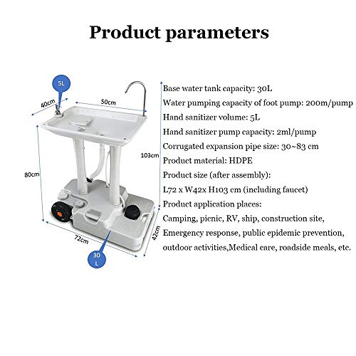 Fregadero portátil para acampar, Lavabo de agua 30L con rodillos, Estación de lavado de manos accionada por el pie con toallero y dispensador de jabón, Para estaciones de limpieza al aire libre