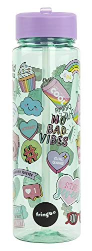 Fringoo Kids Botella de Agua con Pajita 600 ml Libre de BPA a Prueba de Fugas, Botella Deportiva para la Escuela, Color Girl Power, tamaño 600 ml, Volumen 600.0milliliters