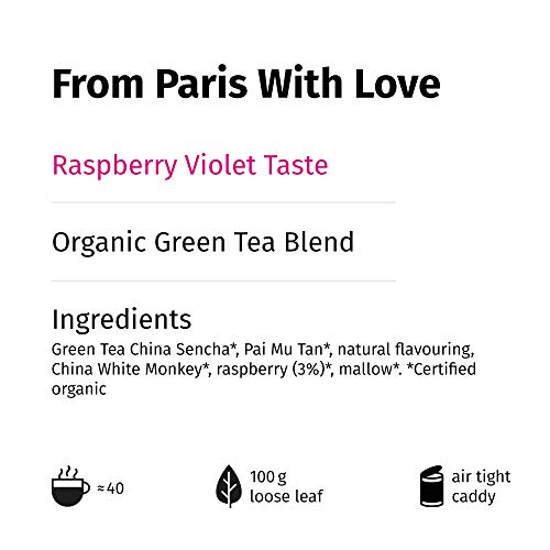 "From Paris with Love" Té Verde Orgánico sabor Violeta y Frambuesa, Lata A Granel 100 Gramos - alveus Premium Teas