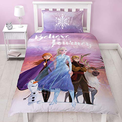 Frozen 2 Disney - Funda de edredón Individual de polialgodón, Reversible, diseño de Olaf, Anna, Elsa, Kristoff y Sven con Funda de Almohada a Juego, Color Morado