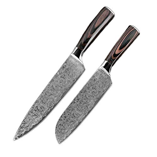 Fruta pelada de acero inoxidable carne cortada cuchillo de cocina chef de láser patrón de Damasco en rodajas Utilidad santoku conjunto de herramientas de cocina (Color : 2PCS A)