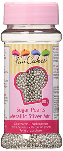 FunCakes Decoraciones de Perlitas de Azúcar Color Plata Metalizada de 2mm de Grosor para Decorar Tartas, Cupcakes, Galletas, Helados y otros Dulces 80g G42730