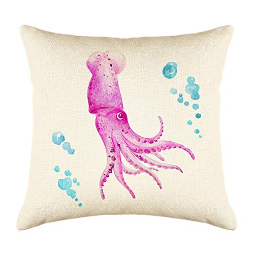 Funda de cojín con estampado de calamares, para decoración de la playa, casa y patio, de algodón, de lino, para cojín, decoración de la habitación, decoración del hogar, 40,6 x 40,6 cm