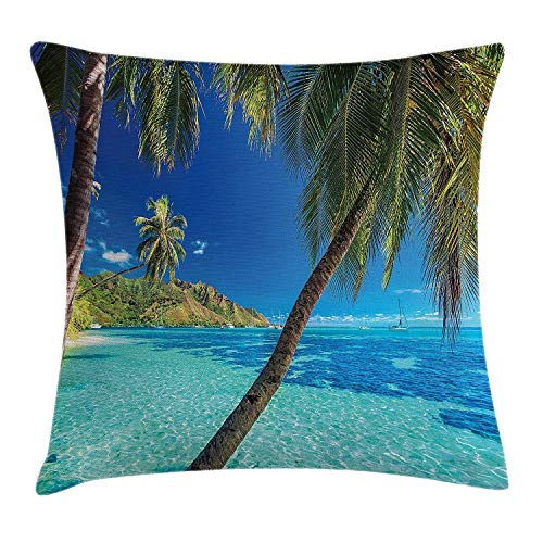 Funda de cojín Decorativa Almohada Imagen de una Isla Tropical con el Tema de Las Palmeras y la Playa de mar Claro Imprimir Pillowcase 45x45 cm Azul Turquesa