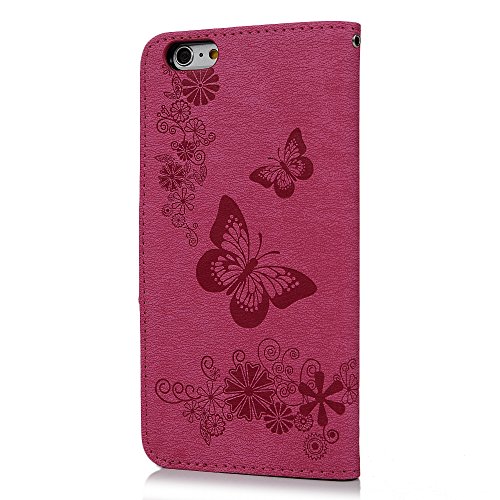 Funda iPhone 6 Plus, iPhone 6S Plus Funda Libro de Cuero Impresión de Suave PU Premium e Silicone TPU Carcasa, Correa de mano, Ranuras para Tarjetas, Cierre Magnético Mariposa Rosa caliente